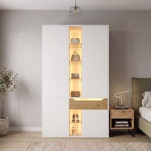 Armadio con illuminazione a LED, cabina armadio con vetrina in vetro e appendiabiti, mobile alto con cassetto e ripiani, dimensioni 122x50x200 cm, colore bianco, materiale MDF
