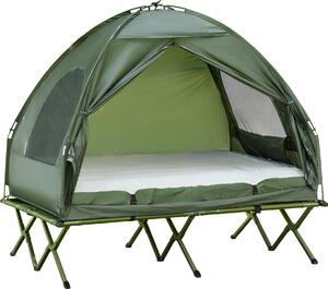 Letto da campeggio rialzato con tenda a cupola e materasso gonfiabile, verde, 193x145x180 cm