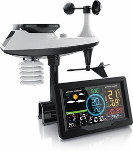 Stazione meteorologica Brandson con sensore esterno 5-in-1, stazione meteorologica professionale con pannello solare, display a colori da 18 cm, orologio radio DCF, anemometro, pluviometro, barometro, igrometro, colore nero