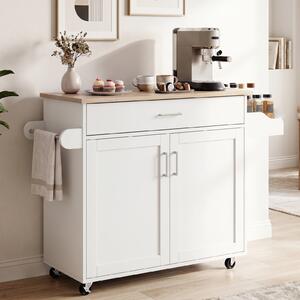 Costway Isola da cucina con mensola regolabile in 3 posizioni con ciabatta elettrica, Carrello da cucina con ruote di gomma Bianco