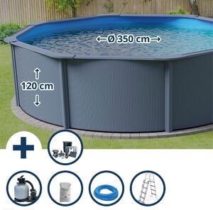 Set di piscine a parete in acciaio Planet Pool rotondo Ø 350x120 cm incl. sistema di filtraggio a sabbia, skimmer incorporato, scaletta, sabbia filtrante e tubo di collegamento antracite