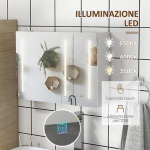 Kleankin Armadietto con Specchio con Ripiani Regolabili e Luci LED a 3 Colori, in MDF e Vetro, 90x15x70 cm, Bianco