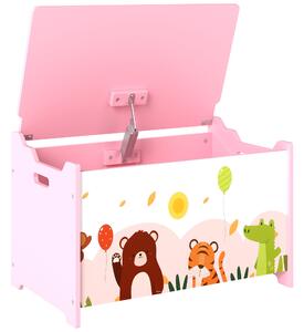 Baule Portagiochi per Bambini Tema Animali 60x37x39 cm con Cerniere di Sicurezza in Legno Rosa