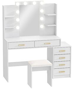 HOMCOM Tavolo da trucco con specchio illuminato e sgabello imbottito, set trucco con 6 cassetti e ripiani, bianco | Aosom Italy