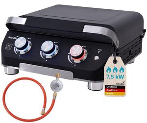 Piastra grill a gas - 3 bruciatori - Con coperchio - 3 x 2,5 kW - Griglia da tavolo, ideale per campeggio e balcone
