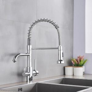 Rubinetto da cucina con filtro dell'acqua - Miscelatore a 3 vie - Bocchetta girevole a 360° - Doccetta estraibile - Acqua calda e fredda - Cromato