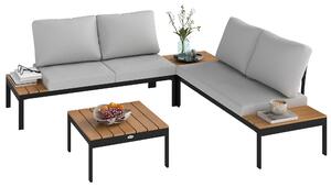Outsunny Set da Giardino 4 Pezzi con 2 Divanetti 2 Posti e 2 Tavolini in Metallo e Legno Composito, Grigio Nero e Teak