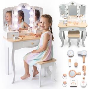Mamabrum XXL Tavolino da toilette in legno per bambini con sgabello - Illuminazione a LED, specchio a 3 pezzi