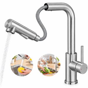 Rubinetto da cucina estraibile a forma di L, con 2 getti e rotazione a 360°, miscelatore monocomando in acciaio inossidabile spazzolato, modello da cucina
