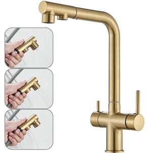 Miscelatore per cucina - Miscelatore per lavello multifunzione 3-in-1 - Filtro dell'acqua e rubinetto per acqua potabile - Doccetta estraibile, girevole a 360°, con due manopole, montaggio monoblocco - Finitura oro spazzolato