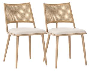 Set di 2 sedie da pranzo con Seduta in Finta Pelle e Schienale in Rattan, Struttura in Metallo, 46x48x80 cm, Beige