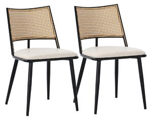 Set di 2 sedie da pranzo con Seduta in PU e Schienale in Rattan, Struttura in Metallo, 46x48x80 cm, Nero