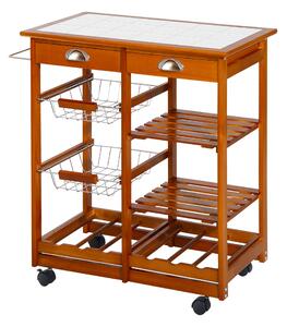 Carrello da Cucina Multiuso in Legno di Pino con 4 Ruote e Cassetti Marrone Chiaro 74x37x75 cm