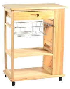 Carrello da Cucina in Legno della Gomma 2 Piani Cestello e Cassetto 65x37,5H84cm