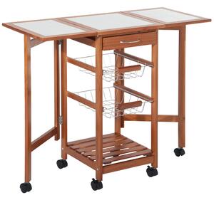 Carrello da Cucina Servizio Ausiliare in Legno e Metallo Cromato con 6 Ruote e Cassetto
