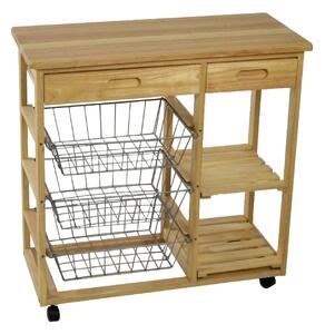 Carrello da Cucina in Legno della Gomma 2 Piani 3 Cestelli 2 Cassetti 81x39H85cm