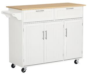 HOMCOM Carrello da Cucina Multiuso con 2 Cassetti, 3 Antine e 4 Ruote, in Legno e MDF, 121x46x91cm, Bianco|Aosom