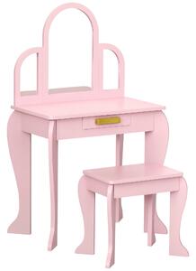 HOMCOM Tavolo per Trucco per Bambine 3-6 Anni con Sgabello, Cassetti e Specchio Coordinato in Acrilico, in MDF e Legno di Pino, Rosa|Aosom