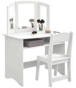 AIYAPLAY Set da Trucco per Bambini con Tavolo Toeletta con Specchio Triplo Rimovibile e Sedia in Legno Bianco