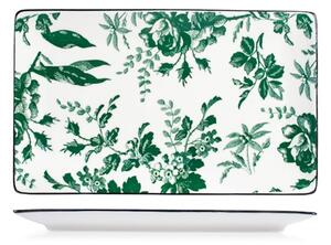 Set 6 piatti rettangolari Margaret in porcellana bianca decorata verde cm 27x16