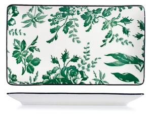 Set 6 piatti rettangolari Margaret in porcellana bianca decorata verde cm 23x13