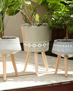 Supporto per piante in ceramica color talpa rotondo 41 x 41 cm gambe in legno massello moderno scandinavo alto vaso per piante Beliani