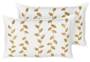 Set di 2 cuscini decorativi con ricamo a mano di foglie rettangolari 30 x 50 cm Bianco e oro sfoderabile con imbottitura Beliani