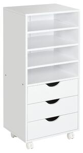 Cassettiera per Ufficio con Ruote 3 Cassetti 4 Ripiani in Legno 40x30x83 cm Bianco