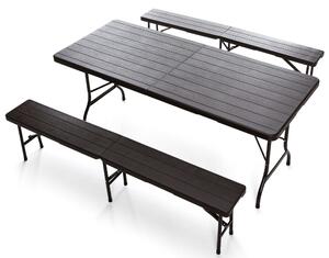 Set Birreria da Giardino Pieghevole in Ferro Tavolo 180x75 cm e 2 Panche Taddei Plastik Wood Marrone Scuro