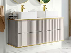 Mobile bagno sospeso con scanalature con profilo dorato con doppio lavabo da appoggio quadrato Beige 120 cm - KELIZA