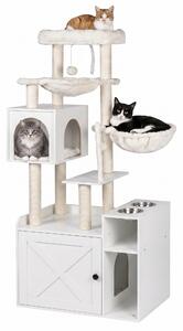 Relaxdays, tiragraffi per gatti con armadietto per la lettiera e dispenser per cibo, dimensioni 144x71x45,5 cm, pali in sisal e cuccia, aspetto legno, bianco