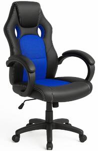 Sedia da ufficio sportiva con 4 ruote, girevole a 360°, rivestita in ecopelle nera e blu