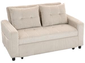 HOMCOM Divano letto 2 posti, rivestimento in velluto a coste, trasformabile in letto, 2 cuscini, tasche laterali, 157 x 190 cm, crema | Aosom Italy
