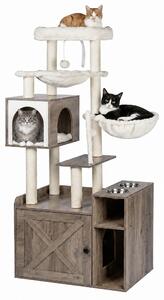 Relaxdays, tiragraffi per gatti con armadietto per la lettiera e dispenser per cibo, dimensioni 144x71x45,5 cm, pali in sisal e vaschetta, aspetto legno, color marrone chiaro