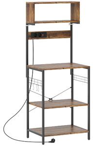 HOMCOM Scaffale da cucina, scaffale a colonna con 5 ganci a S, 5 ripiani, presa elettrica, in acciaio, Marrone rustico, 60 x 42 x 153 cm | Aosom Italy