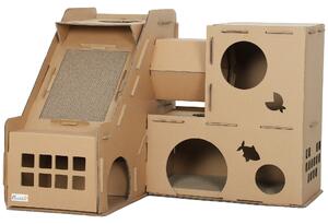 PawHut Casa per Gatti in Cartone Forma Castello 2 Livelli con 3 Zone di Graffiatura Tunnel Rampa Include Erba per Gatti Marrone | Aosom Italy