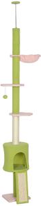 PawHut Tiragraffi da pavimento a soffitto 5 livelli altezza regolabile 220-240 cm piattaforme a fiore con grattatoio cuccia amaca verde | Aosom Italy