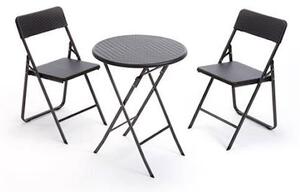 Set da Giardino Pieghevole in Polietilene 2 Sedie e Tavolo Rotondo Taddei Plastik Rattan 60 Nero