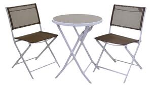 Set Salotto da Giardino Tavolino Tondo e 2 Sedie Pieghevoli in Metallo e Textilene Tortora