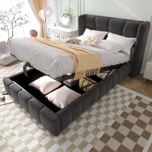 Letto imbottito MODFU 90 x 200 con meccanismo di sollevamento, lettino per bambini con testiera allargata, letto per ragazzi con rete a doghe e struttura in tela, senza materasso, grigio