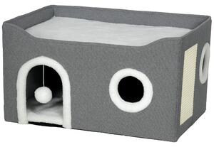 PawHut Casa per Gatti Pieghevole con Tiragraffi 3 Ingressi Pallina Sospesa Cuscino Reversibile in Pile e Tessuto Effetto Lino 60x40X34 cm Grigio | Aosom Italy