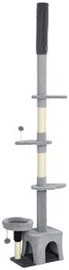 PawHut Albero per gatti dal pavimento al soffitto, torre regolabile in altezza 225-255 cm a più livelli, rivestimento in peluche, grigio | Aosom Italy