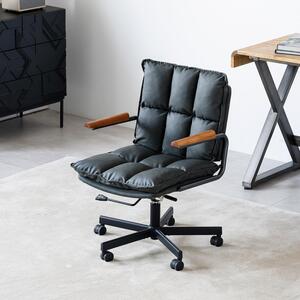 Sedia da ufficio in stile mid-century, rivestita in ecopelle, con braccioli in legno di quercia, girevole, colore grigio