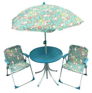 Set Tavolino + 2 Sedie da Giardino per Bambini Soriani Unicorni Blu