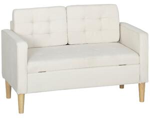 HOMCOM Divano due posti con contenitore, capitonnè con bottoni, cuscini, legno di gomma, 117x62x78cm, Bianco crema | Aosom Italy
