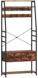 HOMCOM Mobile d'ingresso 6 in 1 appendiabiti barra appendiabiti mensola 2 cassetti 10 ganci 80 x 30 x 180 cm marrone rustico | Aosom Italy