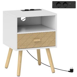 HOMCOM Comodino con Stazione di Ricarica Cassetto 2 Prese AC Porta USB USB-C Scomparto Aperto Gambe in Legno Bianco | Aosom Italy