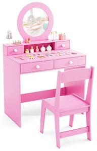 Comò da trucco per bambini, ragazze, con sedia. Comò per bambini con specchio in acrilico, 4 cassetti, ripiano aperto, scrivania in legno bianca. Capacità di carico: 50/75 kg. Adatto a bambini dai 3 anni in su. (Rosa)