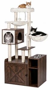 Relaxdays, tiragraffi per gatti con armadietto per la lettiera e dispenser per cibo, dimensioni 144x71x45,5 cm, pali in sisal e cuccia, aspetto legno, colore marrone