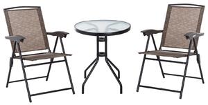 Set Tavolino e 2 Sedie Pieghevoli da Giardino in Vetro Marrone